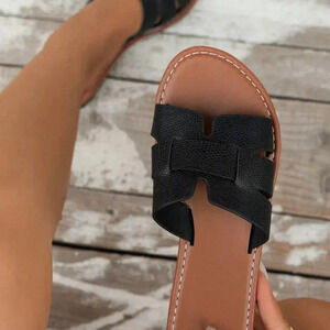 Black Women's Korean Version Flat Sandals Casual Open Toe Slippers